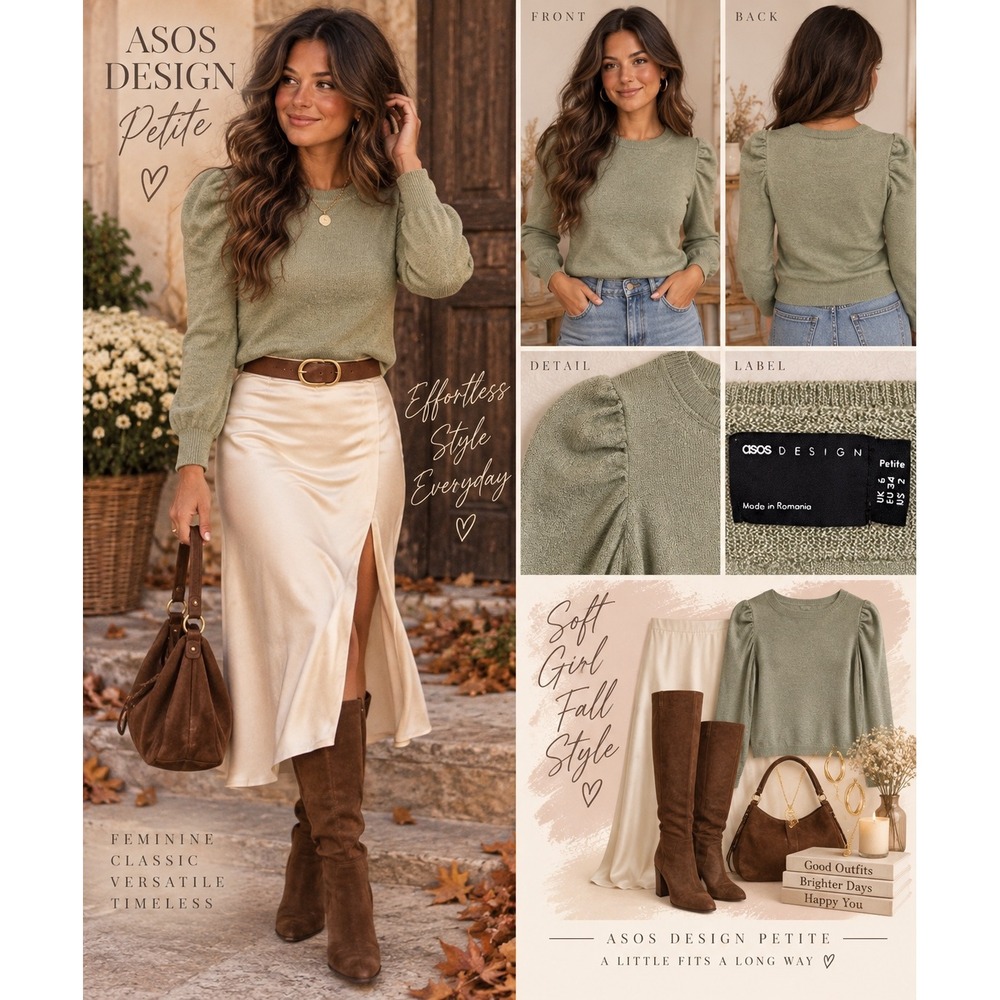 ASOS Design Petite Puff Sleeve Sweater Sage Green Crew Neck Top US 2